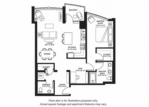 Floor plan for 1 bed, 1.5 baths, 1113 sqft
